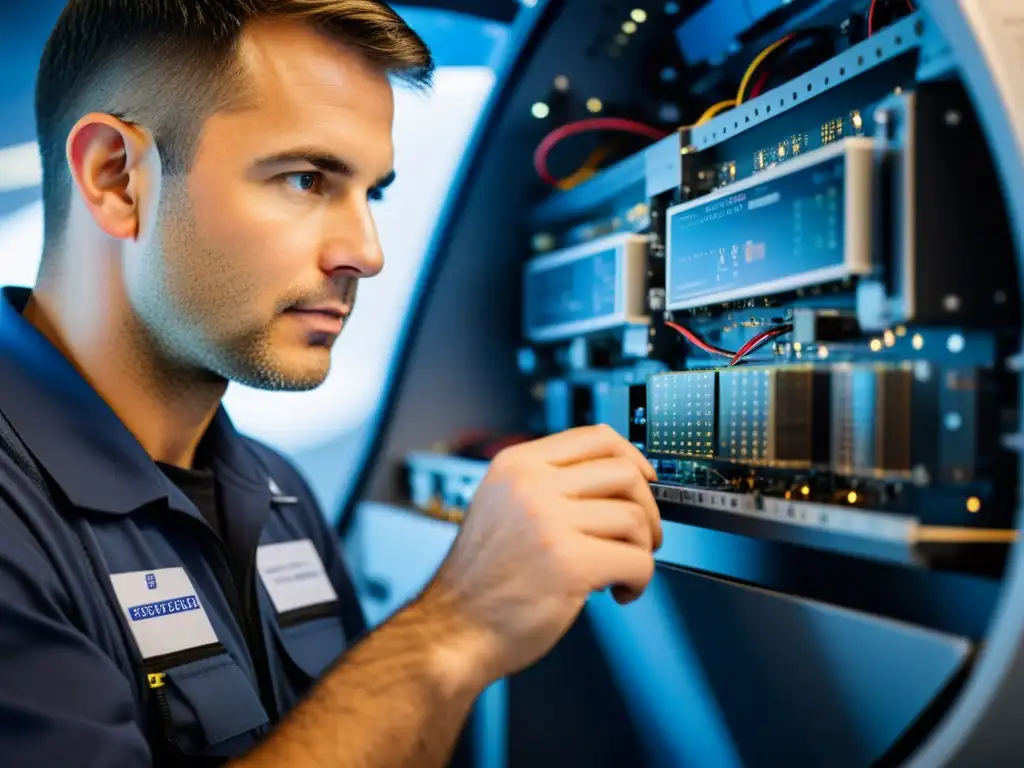 Un técnico inspecciona detalladamente el cableado de un avión eléctrico, fusionando tecnología y precisión en el mantenimiento aeronáutico