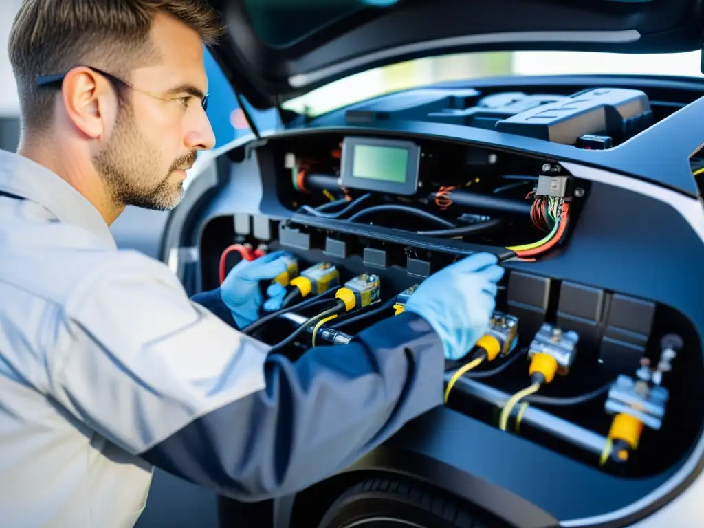 Un técnico examina detalladamente los componentes de un vehículo eléctrico, resaltando la atención a la seguridad y los desafíos de estos vehículos