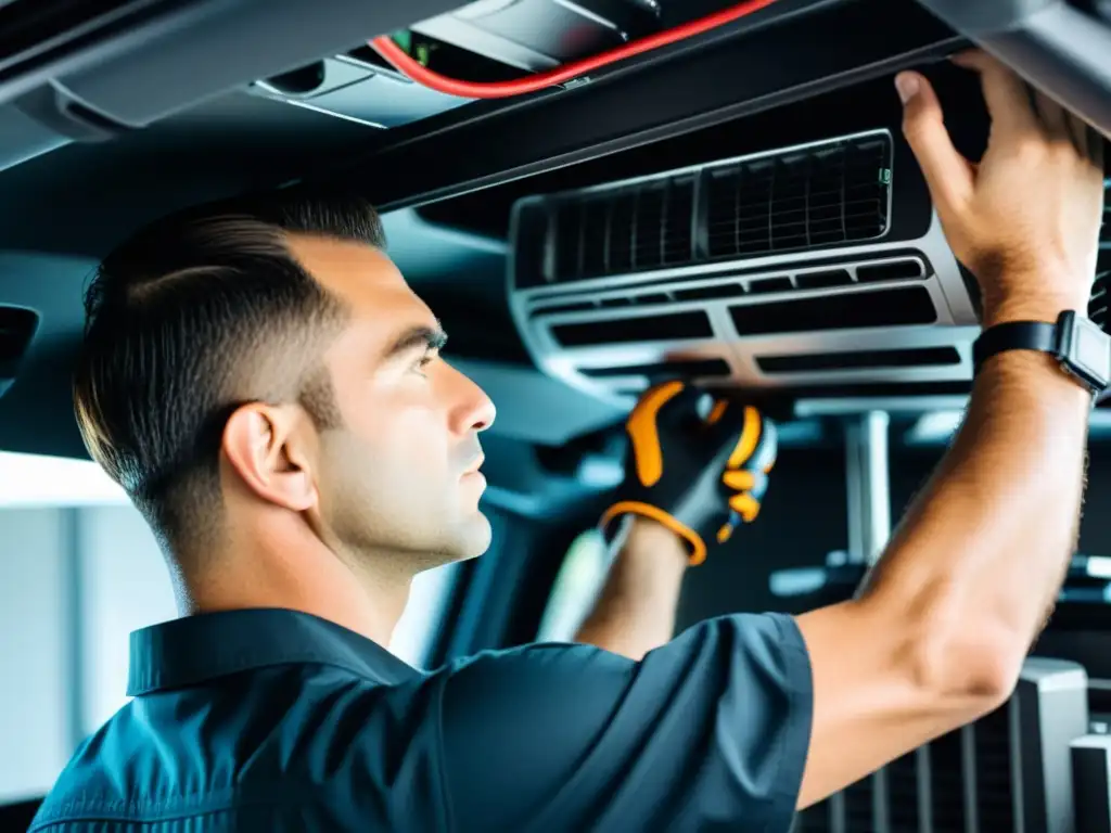 Un técnico altamente cualificado instalando sistemas de aire acondicionado vehicular innovadores, rodeado de herramientas meticulosamente organizadas