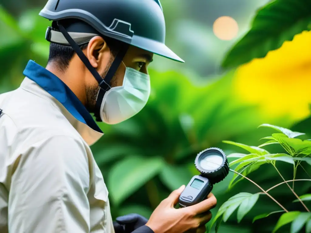 Un técnico inspecciona con cuidado un dispositivo anti mosquitos en un exuberante entorno tropical