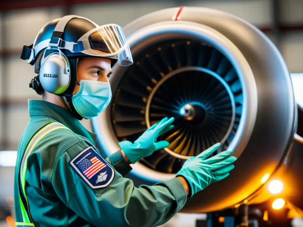 Un técnico con equipamiento de protección inspecciona un motor de avión en un hangar iluminado, destacando la seguridad en la industria aeronáutica