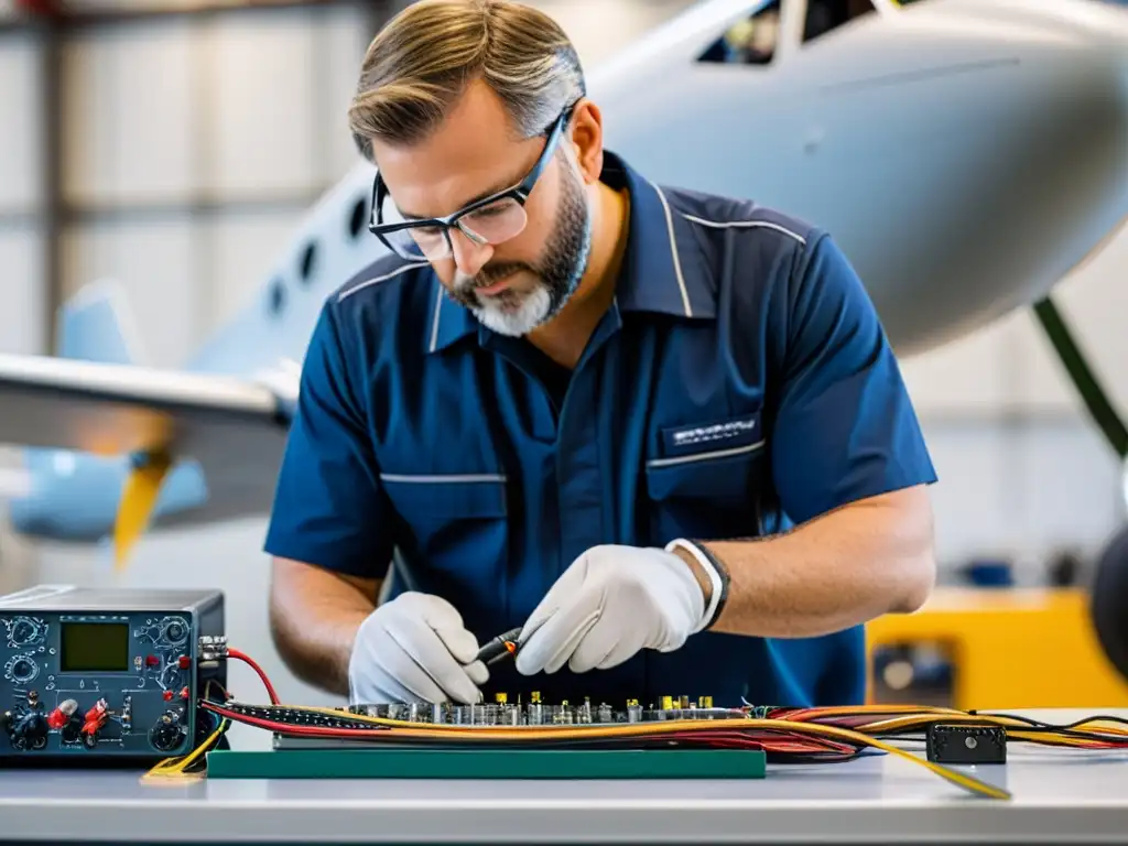 Un técnico en equipo protector inspecciona meticulosamente el complejo cableado y componentes de un avión eléctrico, destacando la tecnología de mantenimiento de vanguardia