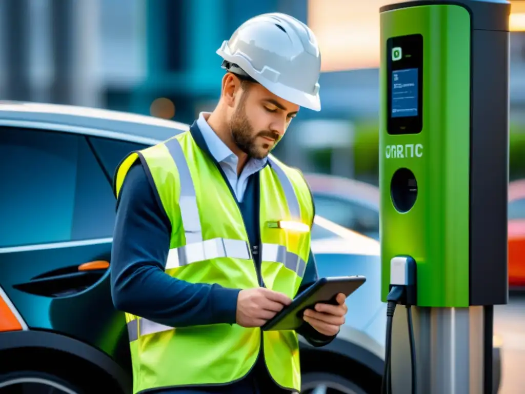 Un técnico conecta una estación de carga rápida portátil a un vehículo eléctrico en la ciudad, creando eficiencia y profesionalismo