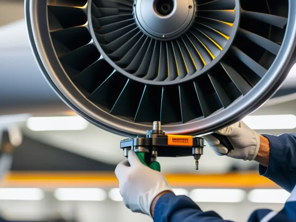 Un técnico experto utiliza una herramienta de mantenimiento de aviación, con un avión en el fondo