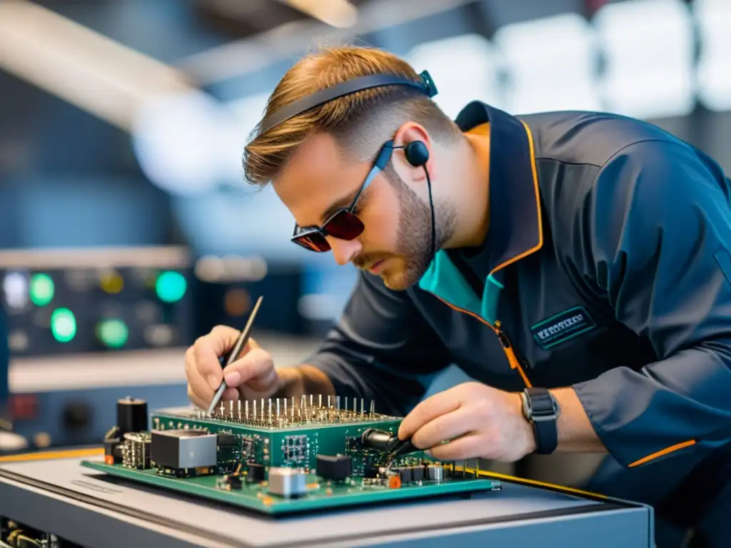 Un técnico experto inspecciona con precisión el circuito de un avión eléctrico, rodeado de personal en el hangar de mantenimiento