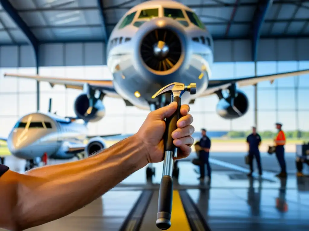 Un técnico de mantenimiento aéreo sostiene una herramienta especializada en un hangar de aviación, mostrando destreza y profesionalismo