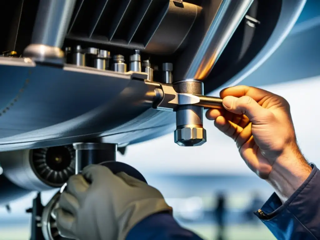 Un técnico de mantenimiento aéreo usa una llave dinamométrica para ajustar un perno en el motor de un avión