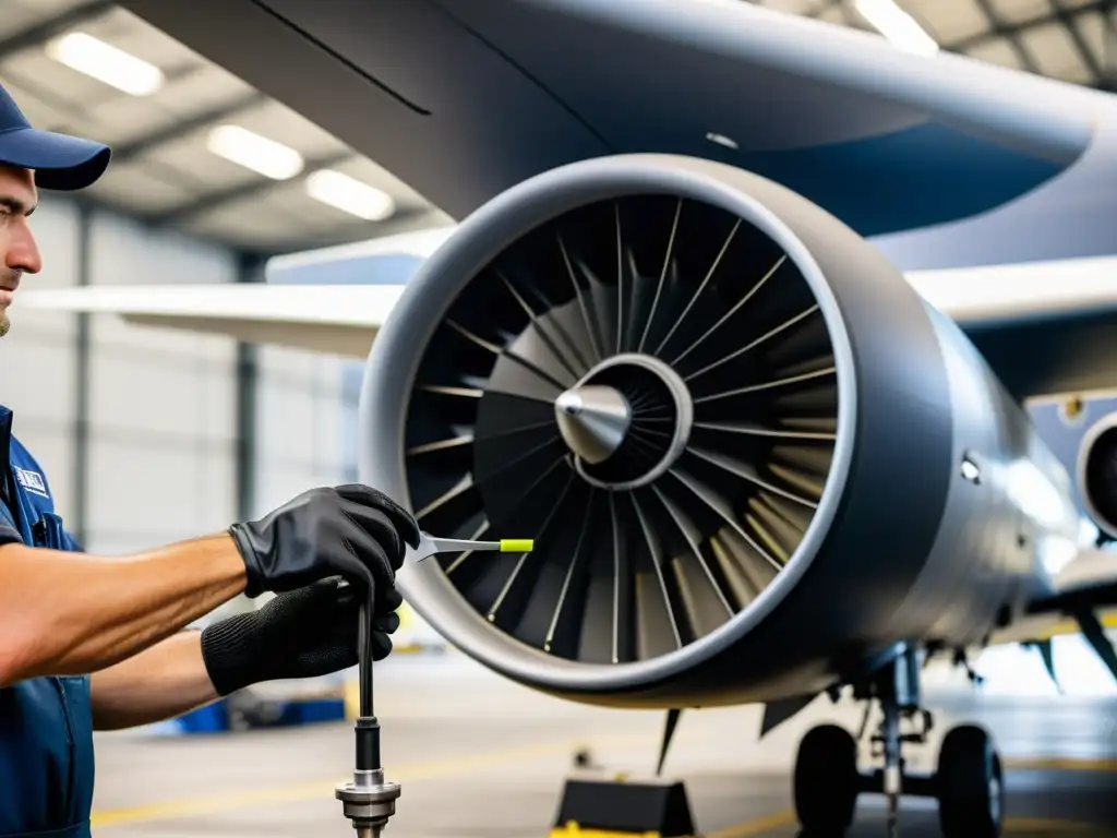 Un técnico de mantenimiento aéreo utiliza con precisión una herramienta especializada en un hangar de aviación