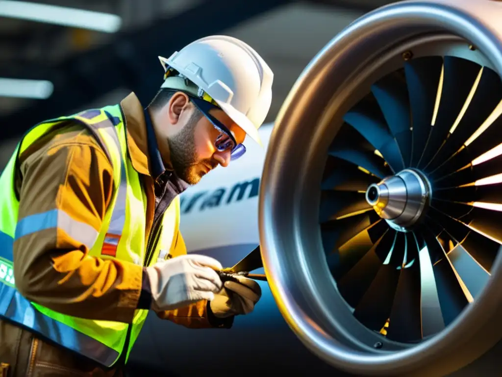 Un técnico de mantenimiento aeronáutico en equipo de protección personal detallado, trabajando en un motor de avión con precisión y seguridad