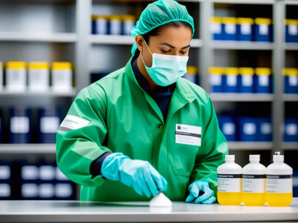 Un técnico maneja con precisión materiales peligrosos en un laboratorio bien iluminado, demostrando atención profesional