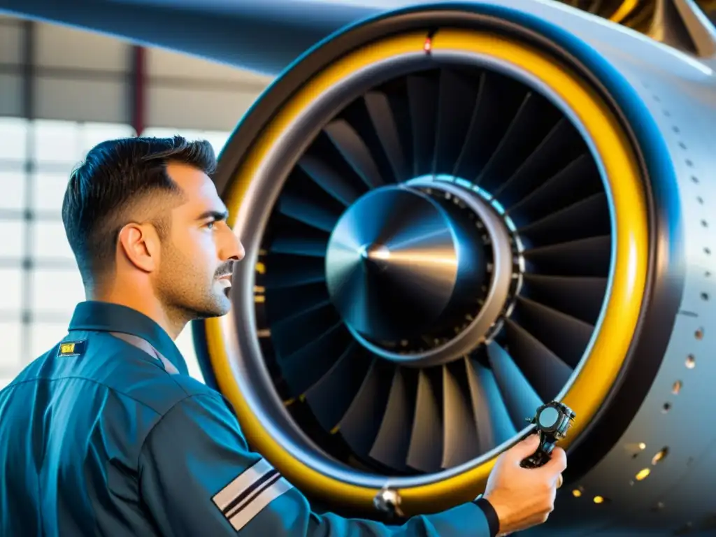 Un técnico inspecciona detalladamente el motor de un avión, resaltando la importancia del equipamiento de reparación para técnicos de vuelo