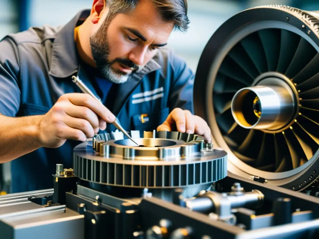 Un técnico examina detalladamente un motor de avión, resaltando la precisión y experiencia en mantenimiento aéreo