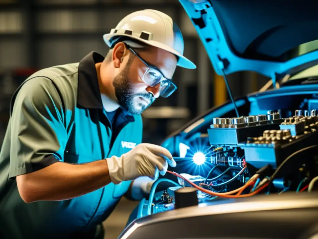 Un técnico inspecciona con precisión el motor de un vehículo eléctrico en una atmósfera industrial y futurista