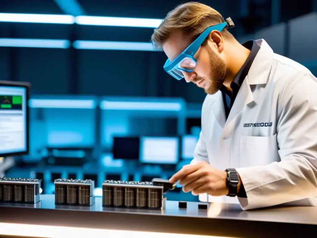 Un técnico inspecciona minuciosamente el paquete de baterías de un vehículo eléctrico en un laboratorio impecable