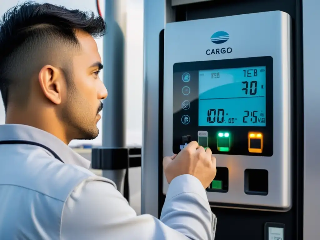 Control preciso de temperatura en camión refrigerado Un técnico ajusta tecnologías monitoreo tiempo real cargas refrigeradas en un camión refrigerado con cargamento ordenado