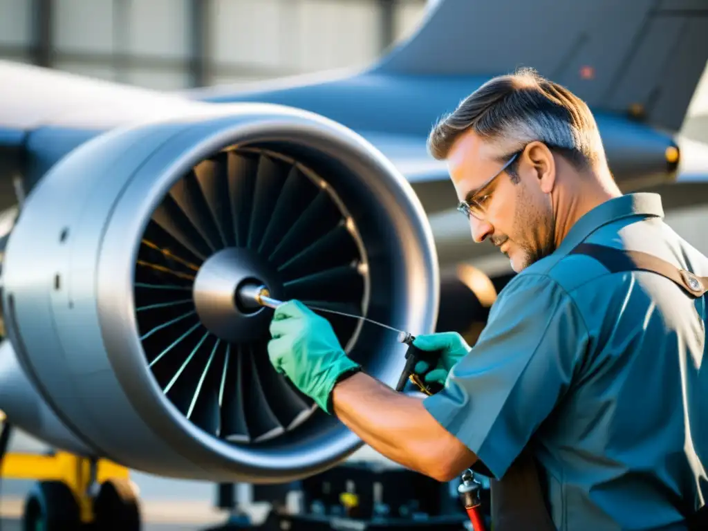 Un técnico de vuelo utiliza herramientas de precisión para reparar un motor de avión, destacando la meticulosidad y especialización en el mantenimiento de aeronaves