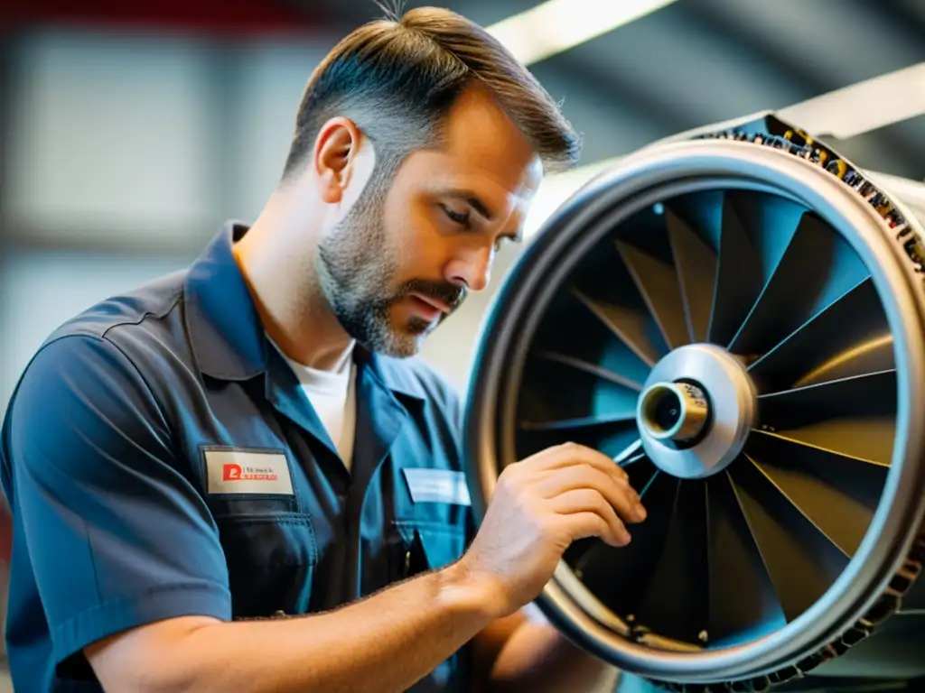 Un técnico de vuelo inspecciona con precisión una pieza del motor en un taller de reparación de aeronaves, rodeado de equipamiento de alta tecnología