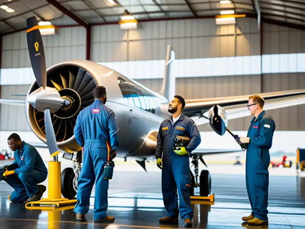 Técnicos de mantenimiento aéreo inspeccionan meticulosamente el motor de un avión en un hangar luminoso