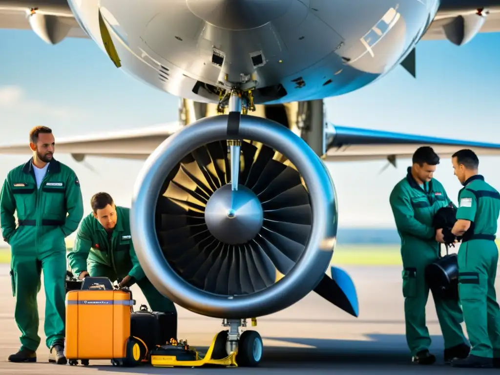 Técnicos de mantenimiento de aeronaves inspeccionando meticulosamente el motor de un avión comercial en la pista, con equipamiento de reparación