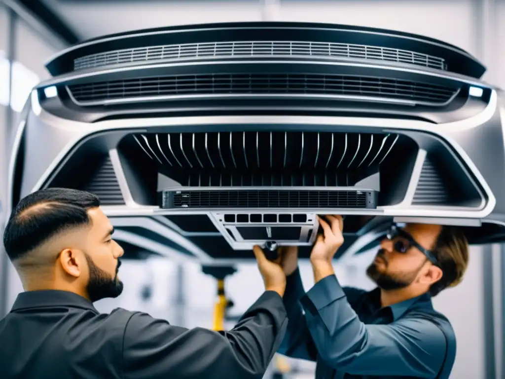 Técnicos ajustando sistemas aire acondicionado vehicular innovadores en moderno laboratorio de investigación automotriz