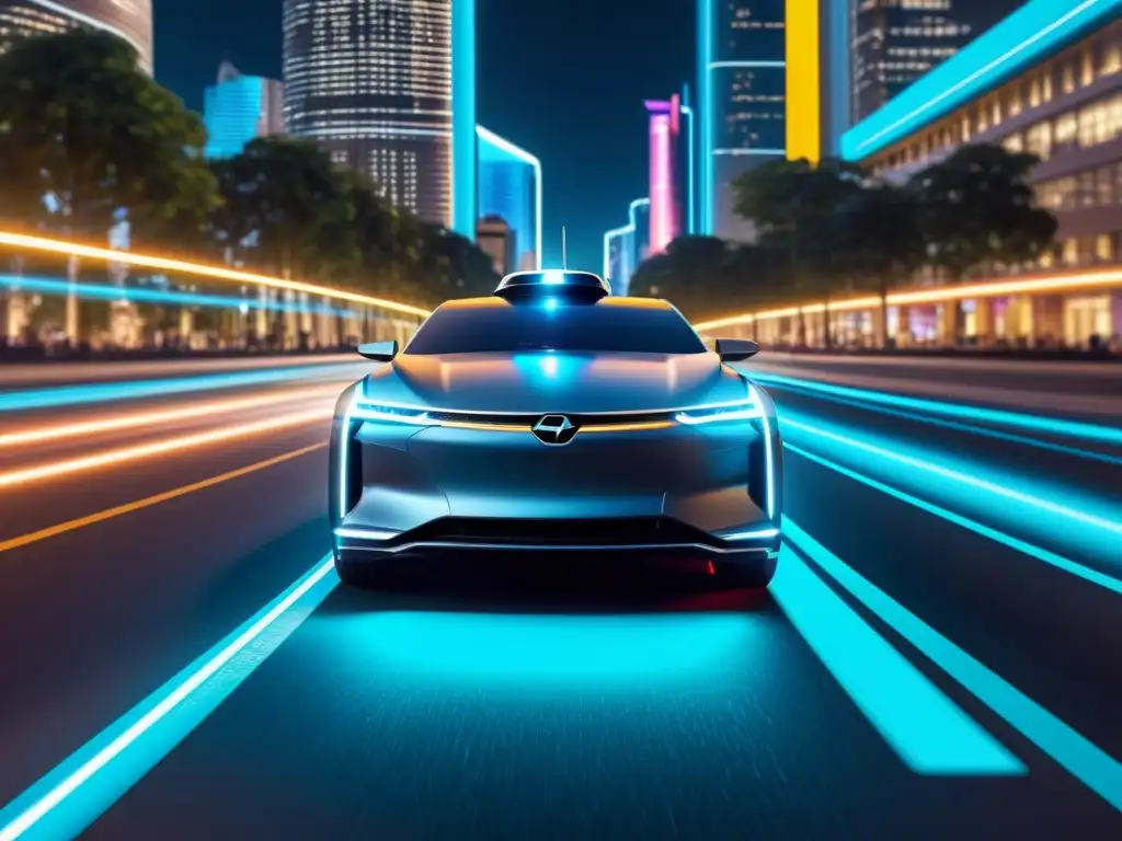 Navegación autónoma con tecnología GPS: Coche autónomo futurista en la ciudad iluminada por neón de noche, con avanzado sistema GPS holográfico