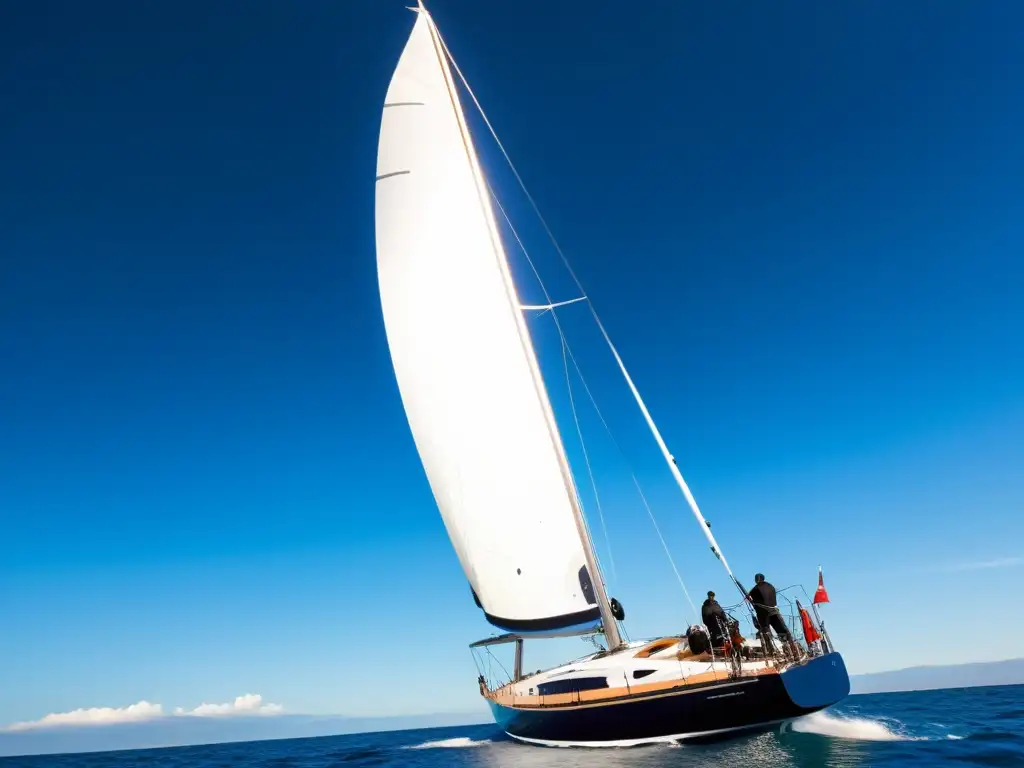 Tecnología en embarcaciones a vela: Detalle impresionante de un velero moderno, destacando su ingeniería precisa y fusión de tradición e innovación