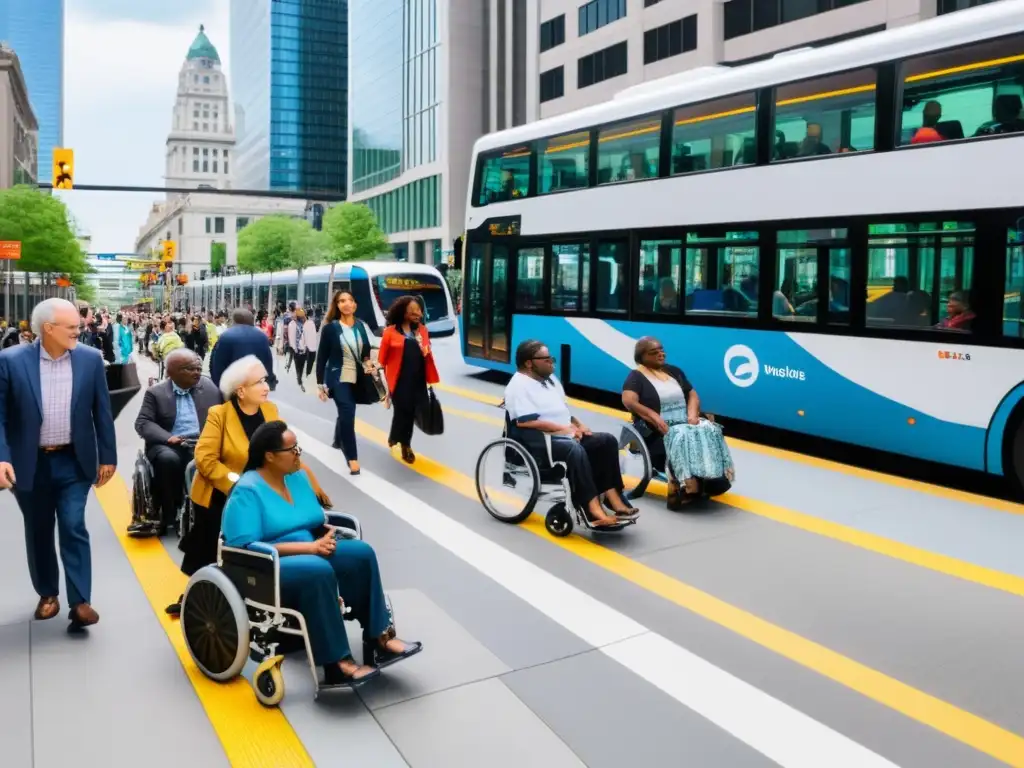 Tecnología inclusiva en transporte: una calle urbana bulliciosa llena de diversidad, con accesibilidad para sillas de ruedas y bastones blancos