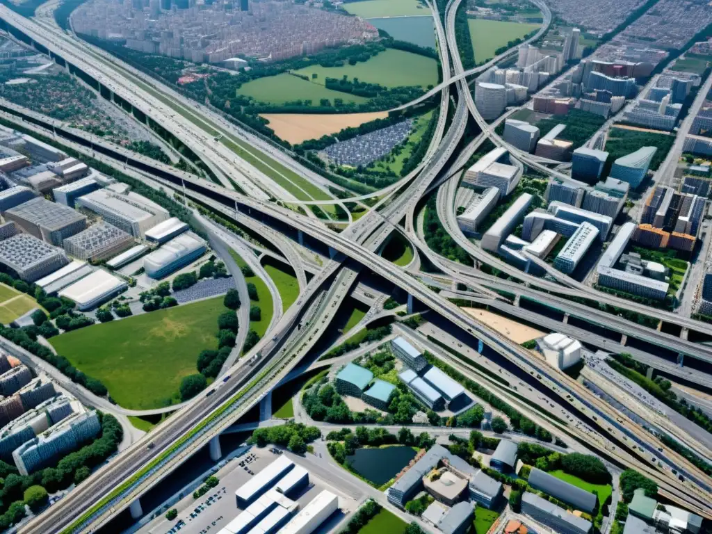 Tecnología satelital en transporte terrestre: Imagen aérea de una ciudad bulliciosa con una red de carreteras y edificios interconectados