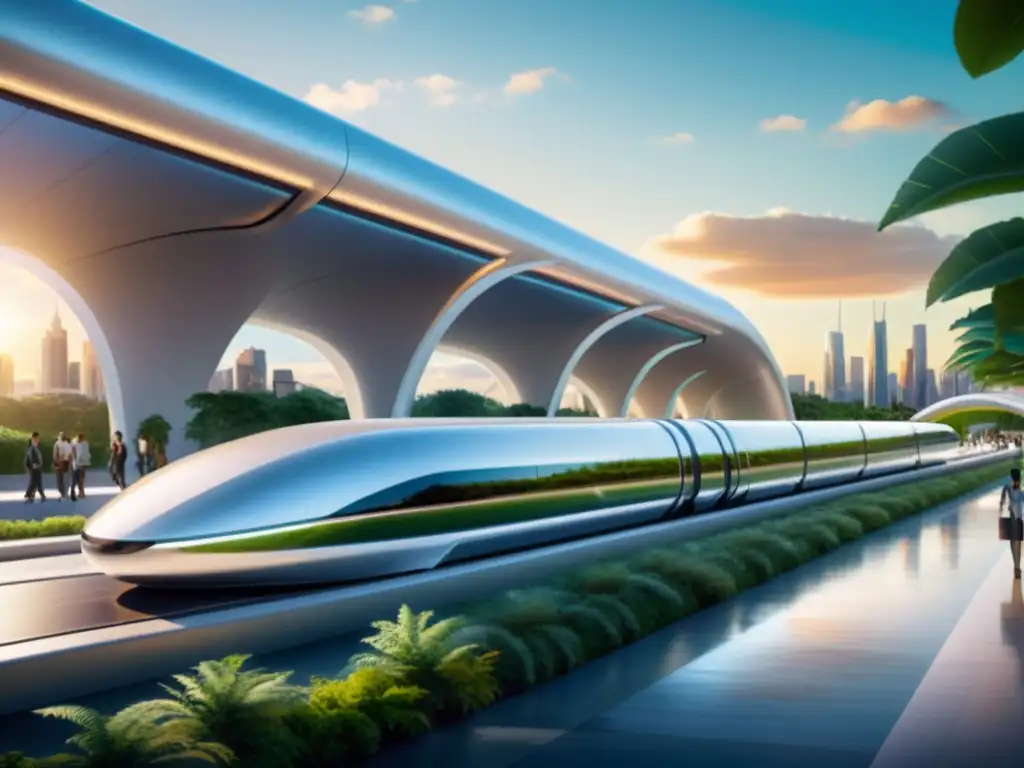 Estación de Hyperloop con tecnología única, integrada en un entorno natural y urbano, con pasajeros abordando un pod futurista al atardecer