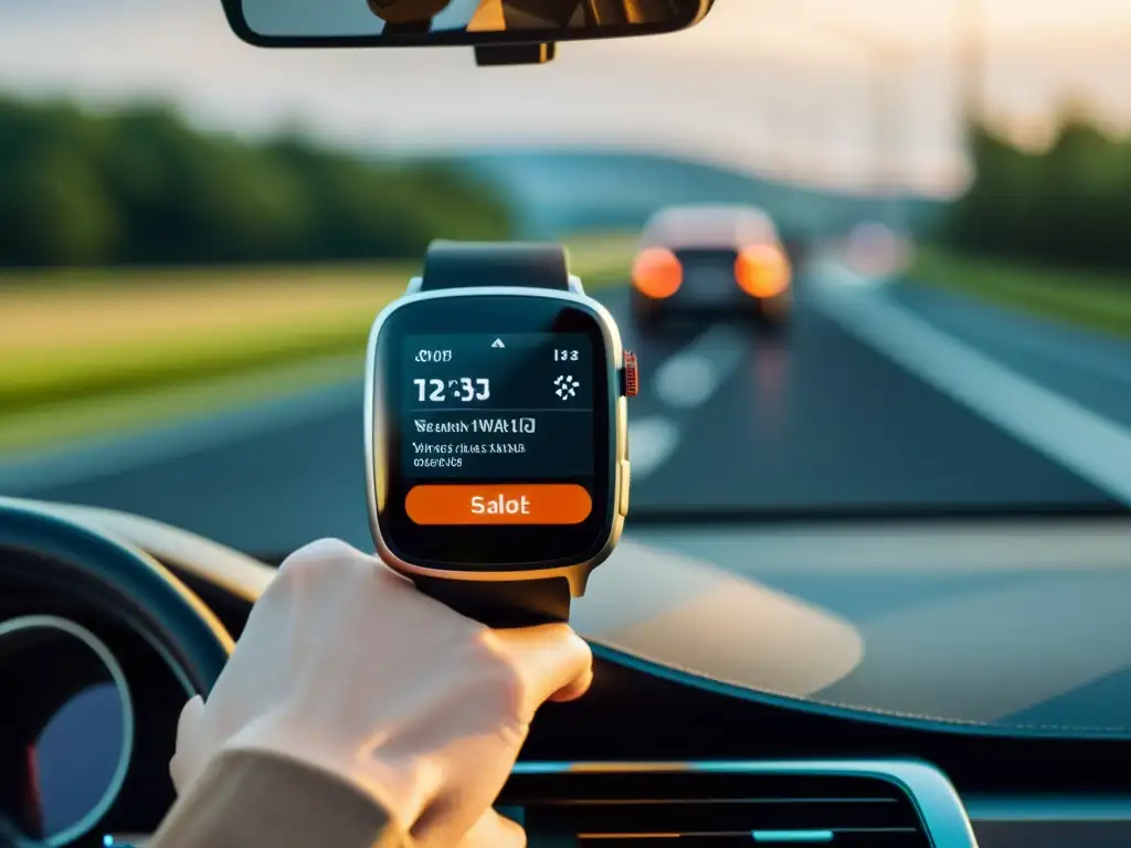 Tecnología wearable para conductores: Alerta en smartwatch por seguridad vial, con tráfico y carretera de fondo