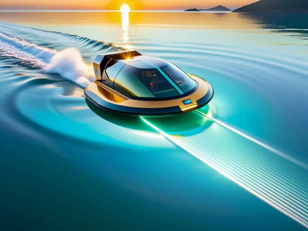 Innovación tecnológica en transporte acuático: Un hovercraft futurista planeando sobre aguas cristalinas al atardecer, rodeado de un aura dorada