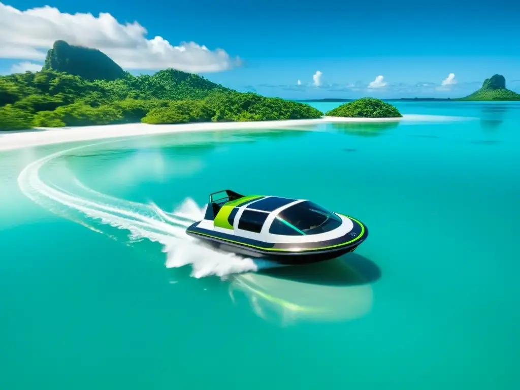 Innovación tecnológica en transporte acuático: un hovercraft futurista surcando una laguna turquesa, rodeado de islas tropicales exuberantes