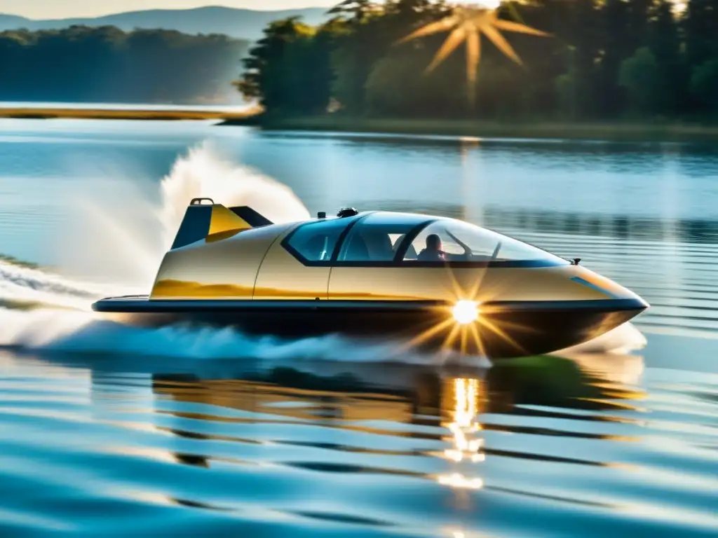 Innovación tecnológica en transporte acuático: Imagen de un moderno hovercraft deslizándose sobre el agua, reflejando la luz del sol en un aura dorada