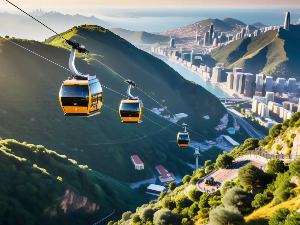 Vista panorámica: Futuristas teleféricos urbanos sobre la ciudad Teleféricos urbanos modernos rodeados de geografía complicada, ofreciendo ventajas panorámicas a los usuarios en la bulliciosa ciudad