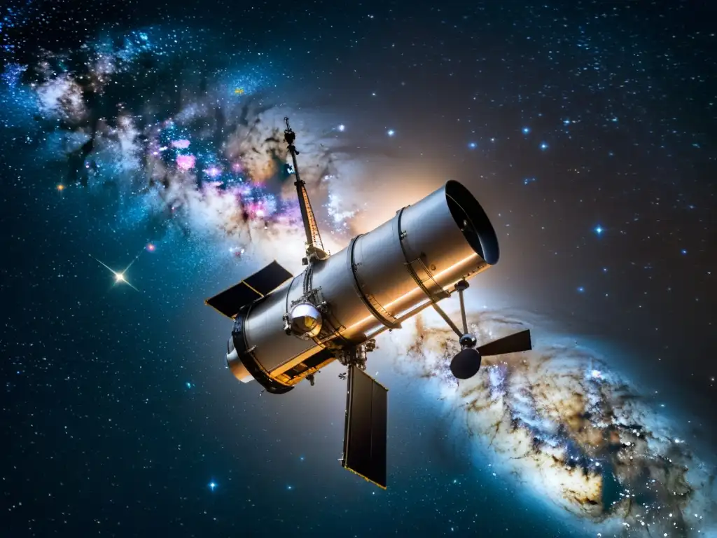 El telescopio espacial Hubble orbita entre las estrellas de la Vía Láctea, mostrando su avanzada tecnología