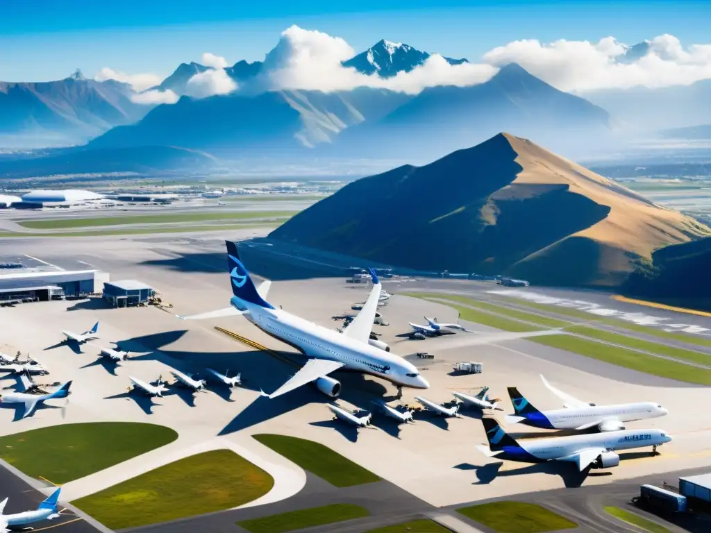 Terminal aérea moderna con aviones en pista, montañas al fondo y cielo azul