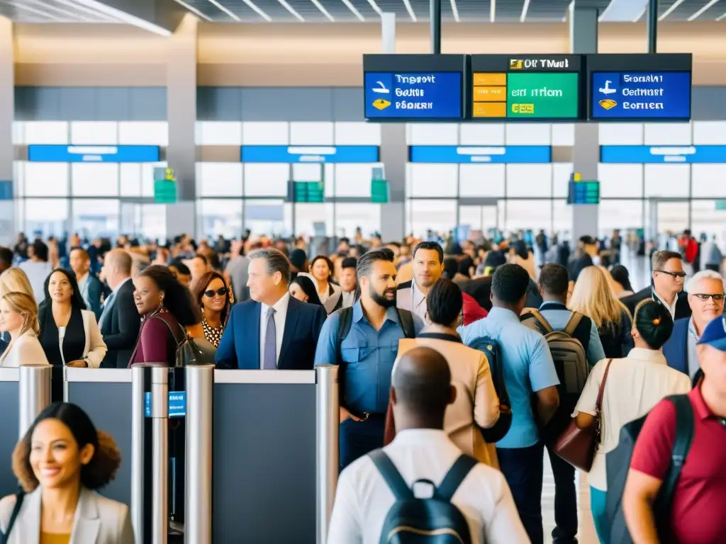 Terminal de aeropuerto bullicioso con diversidad de viajeros, seguridad, aduanas y regulaciones de transporte internacional