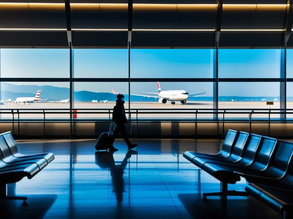 Terminal de aeropuerto desolado con figuras solitarias, reflejando los desafíos de la aviación durante pandemias