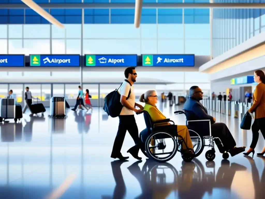 Una terminal de aeropuerto inclusiva con servicios transporte aéreo discapacidad, mostrando pasajeros con diversidad funcional y personal asistencial