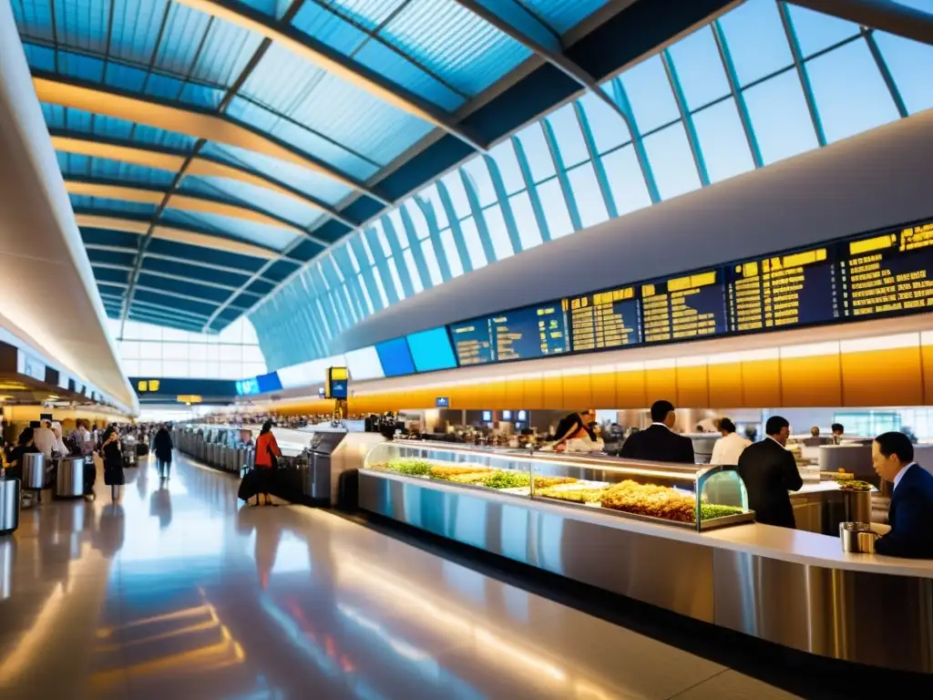 Terminal ajetreada de aeropuerto internacional con viajeros de todo el mundo disfrutando de una variedad de platos