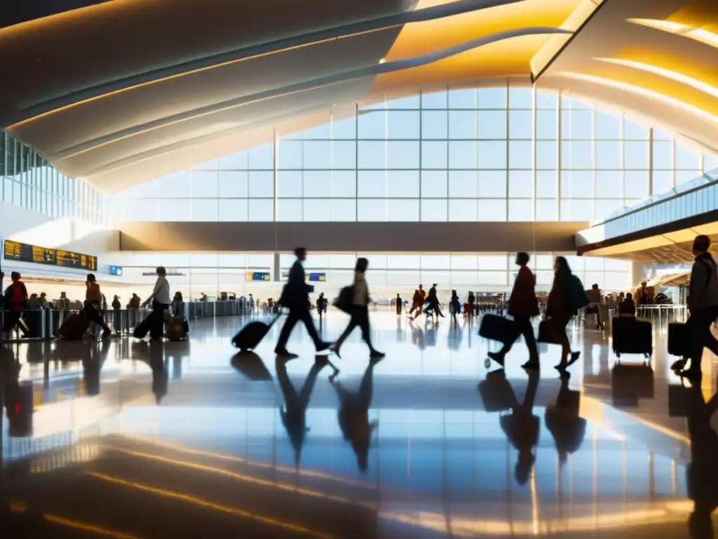 Una terminal ajetreada de aeropuerto con una variedad de personas