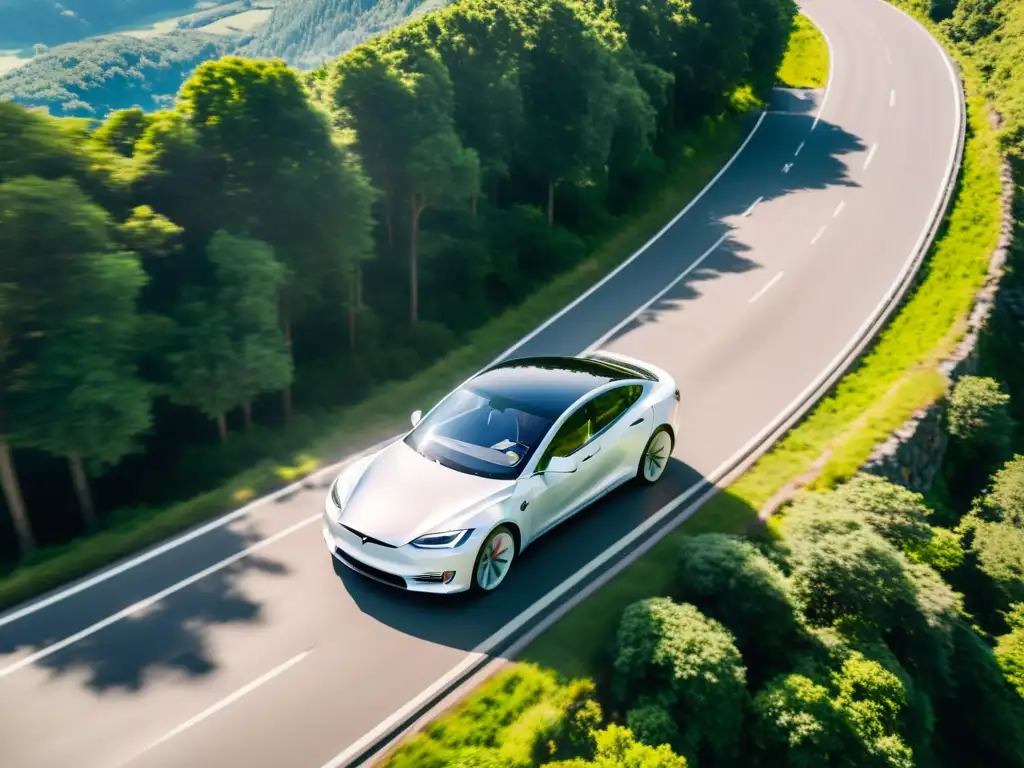 Un Tesla Model S Plaid de alta velocidad eléctrica recorre sinuosos caminos entre exuberante vegetación, fusionando lujo ecoamigable con el entorno natural