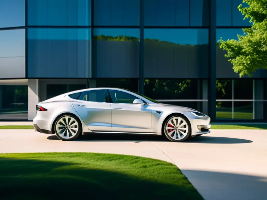 Un Tesla Model S Plaid de velocidad eléctrica luce imponente frente a un edificio futurista de vidrio, reflejando innovación y lujo sostenible