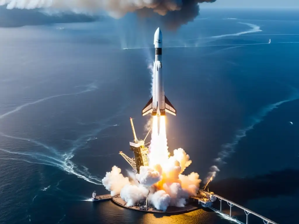 El texto ALT es: 'Un cohete Falcon 9 de SpaceX aterriza en un barco en medio del océano, mostrando el funcionamiento y ventajas de cohetes reutilizables con su impresionante precisión y poder'