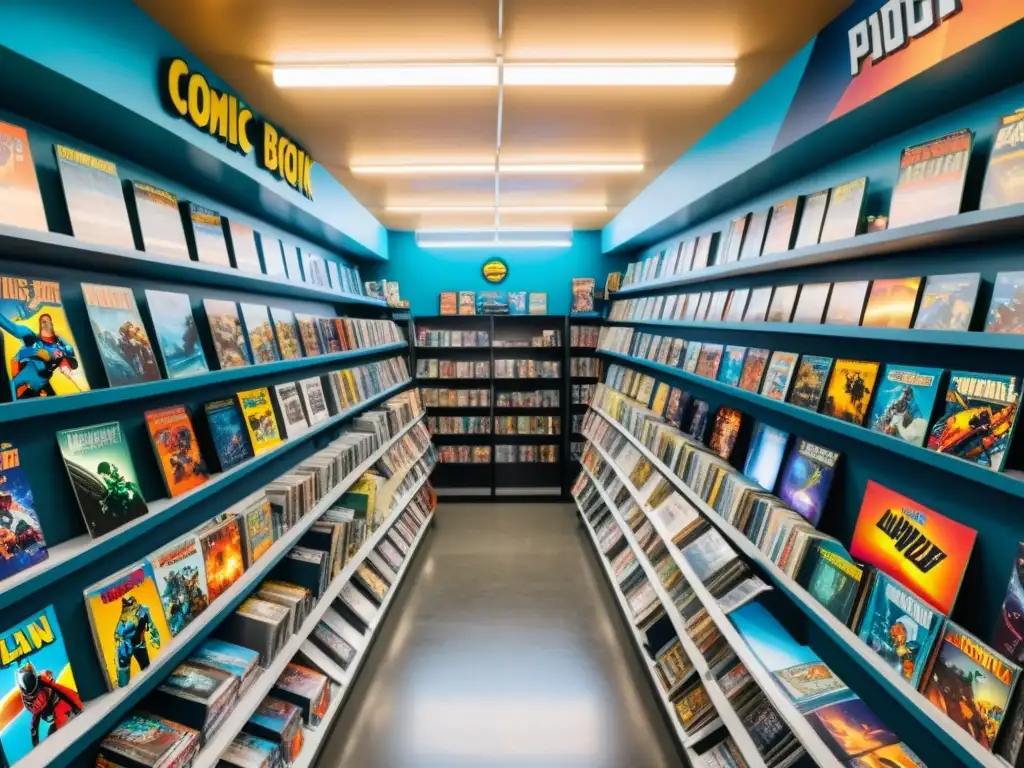 Tienda de cómics abarrotada, llena de novelas gráficas y figuras de acción con temática de exploración espacial