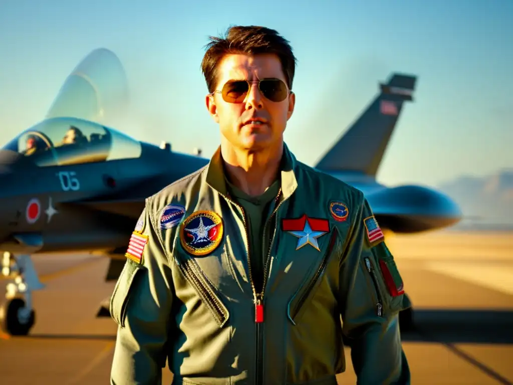 Maverick de Top Gun en su traje de vuelo, junto a un avión de combate en la pista