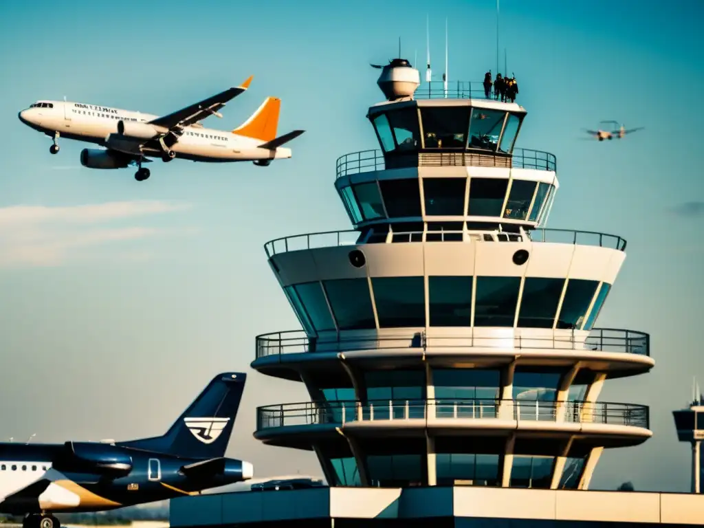 Torre de control histórica con avión vintage, reflejando la evolución de la gestión del tráfico aéreo con STI