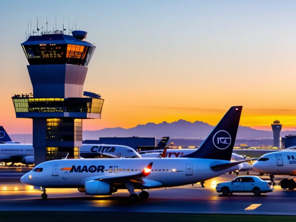 Torre de control ocupada en un gran aeropuerto, con tráfico aéreo y pilotos en cabinas de aviones alineados en pistas