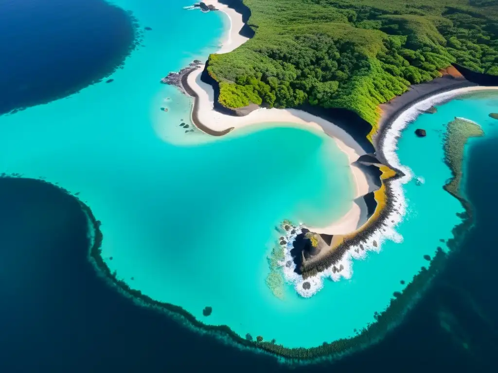 Tours aéreos no tripulados explorando la belleza de las Islas Galápagos desde el cielo, con aguas turquesas y paisajes volcánicos impresionantes