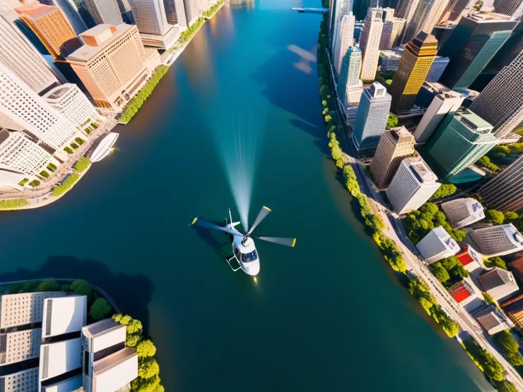 Tours aéreos en helicóptero para viajeros: vista aérea impresionante de una ciudad vibrante y bulliciosa, con rascacielos, calles y río